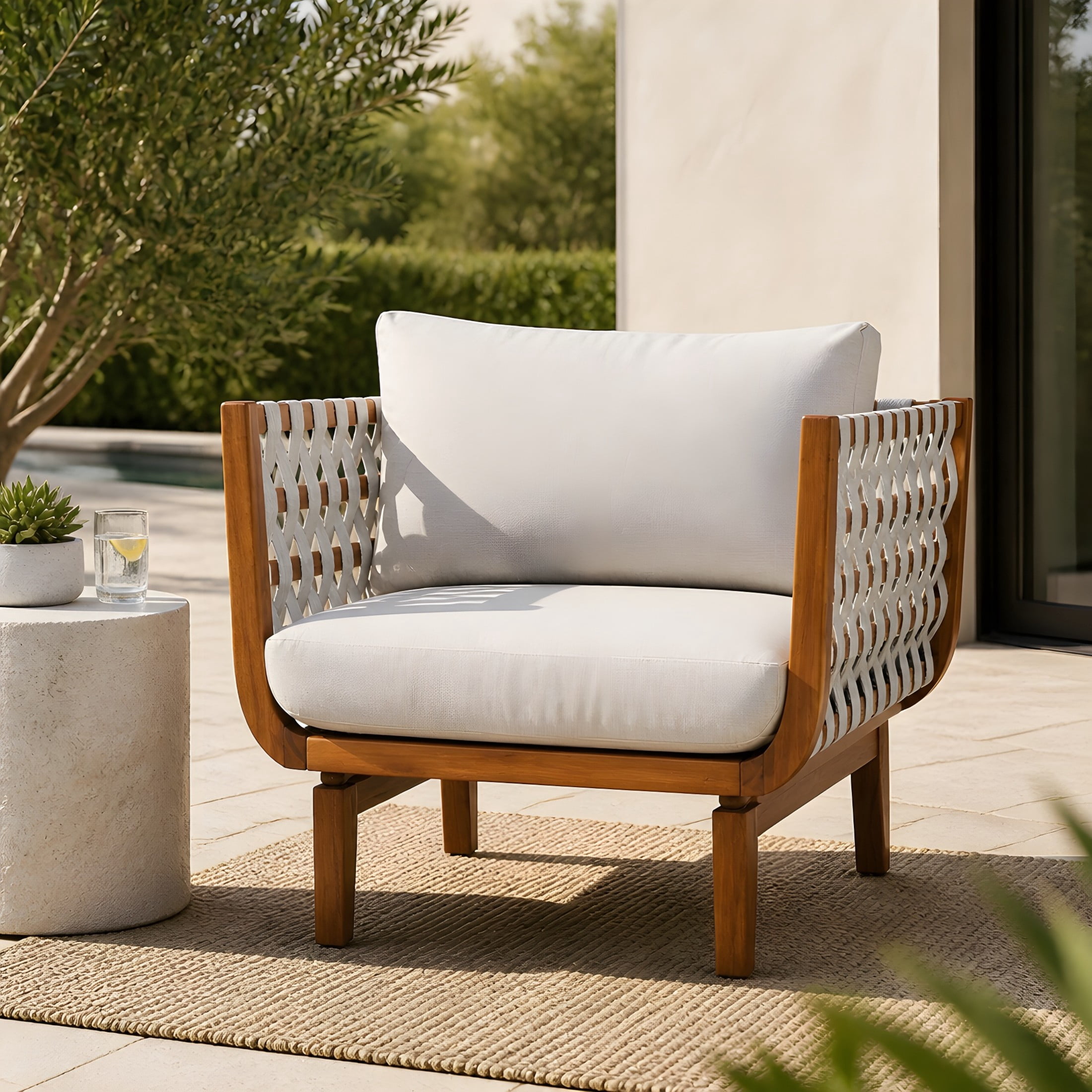 Christopher Knight Home 31.3" Acacia Wood Outdoor Club Chair, Rope Patio with Cushions, Teak+Beige