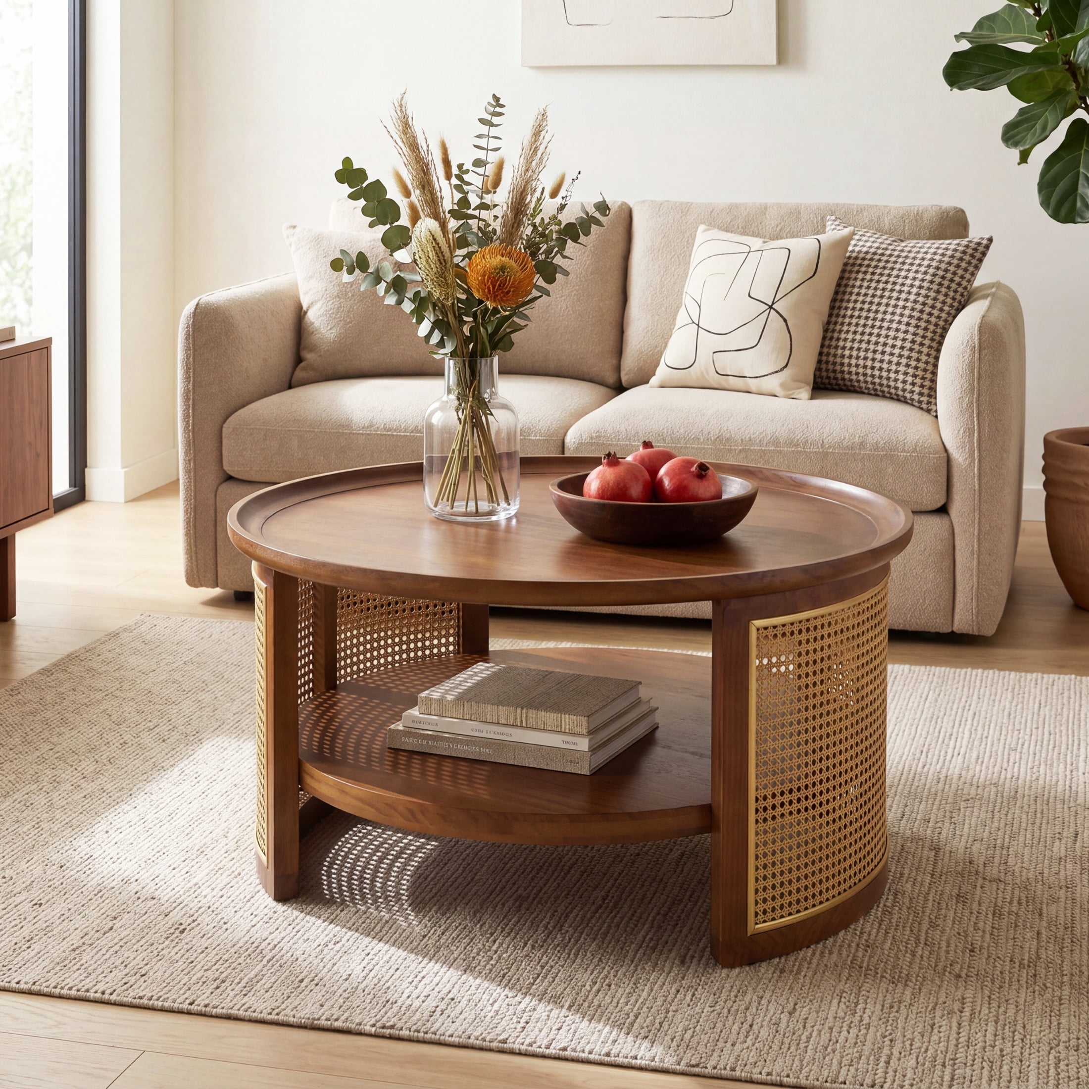 Christopher Knight Home 31.5" Boho Farmhouse Round Coffee Table with Shelf and Rattan Side, Walnut+Gold