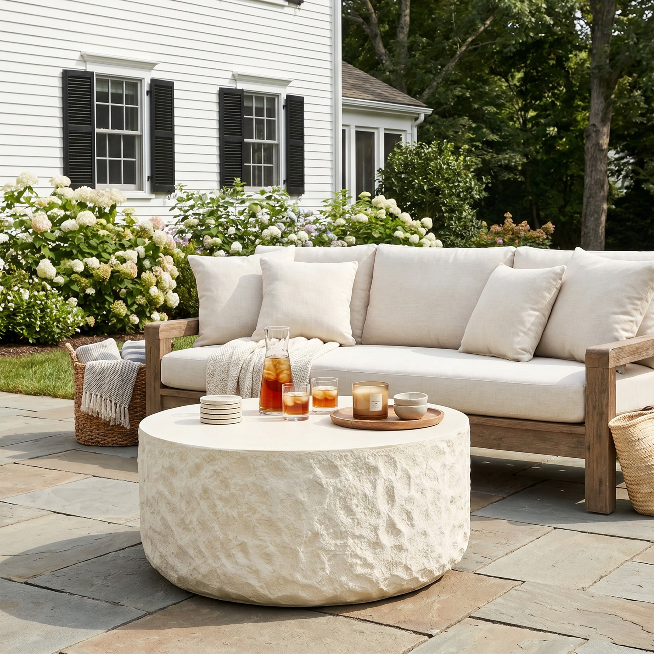 Christopher Knight Home 31.5" Lightweight Outdoor MGO Round Drum Coffee Table, Stone Look, Cream