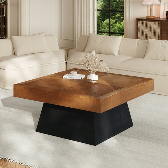 Christopher Knight Home 31.5" Mid-Century Square Coffee Table, Brown Wood Grain Top with Black Base