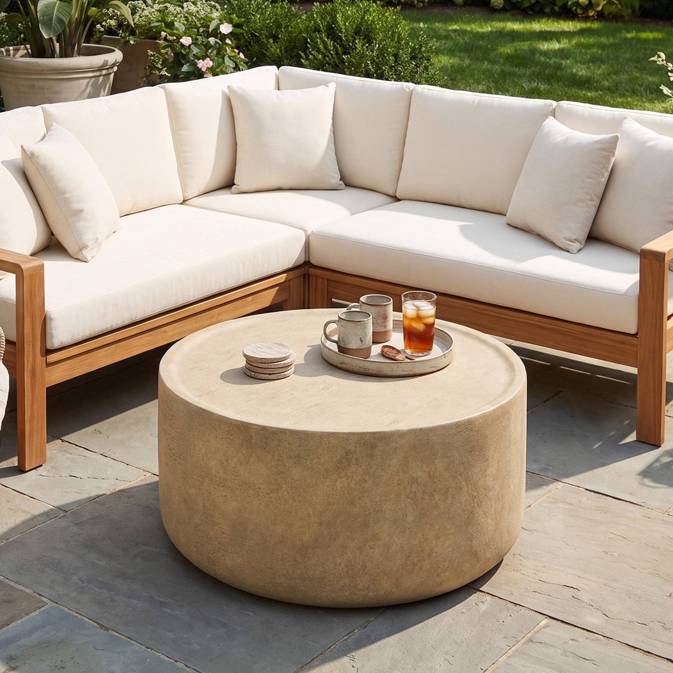 Christopher Knight Home 31.5" Modern Outdoor MGO Round Drum Coffee Table, Lightweight Concrete, Beige
