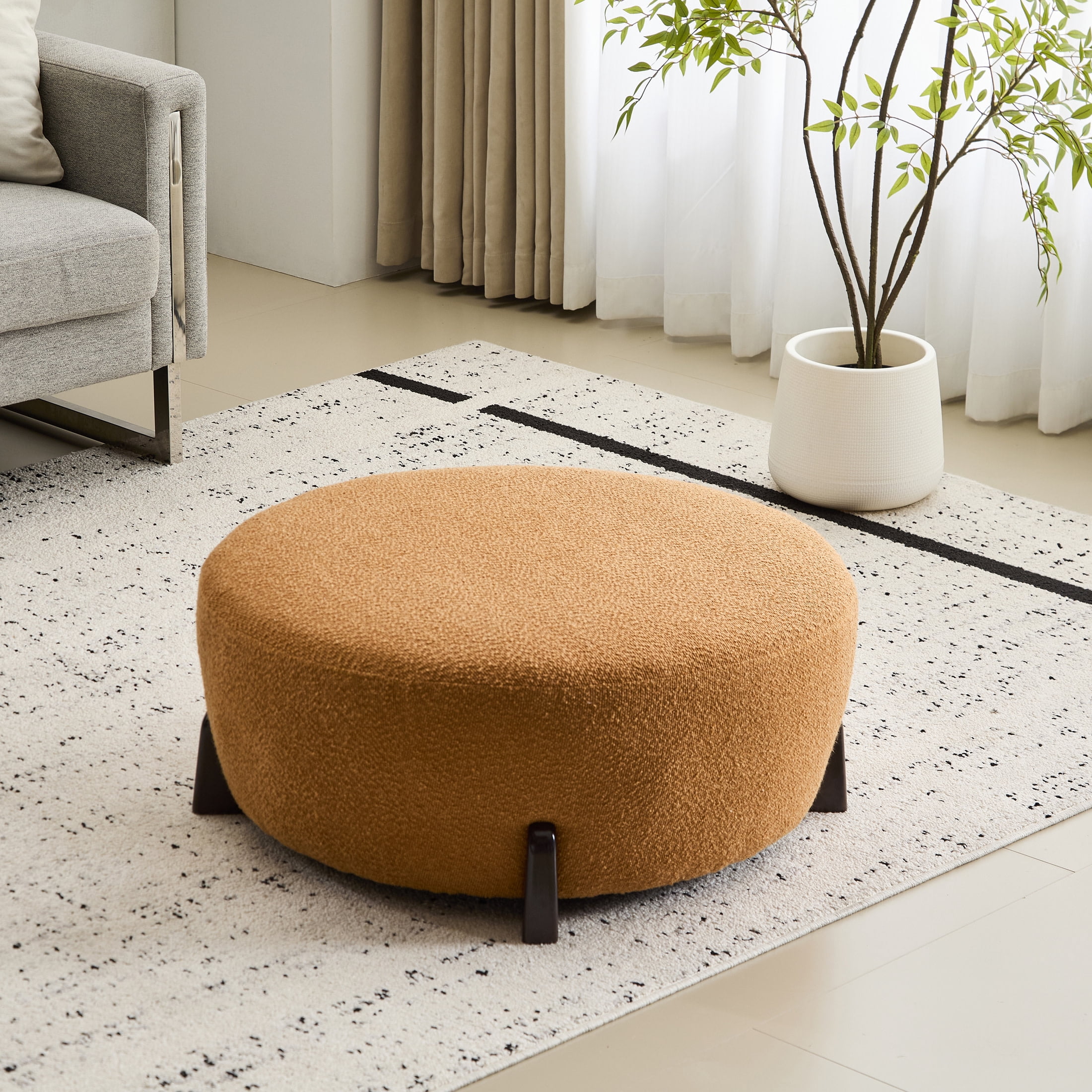 Christopher Knight Home 31.5" Modish Round Ottoman with Pumpkin Orange Boucle Top and Natural Wood Splayed Legs