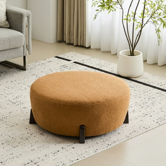 Christopher Knight Home 31.5" Modish Round Ottoman with Pumpkin Orange Boucle Top and Natural Wood Splayed Legs
