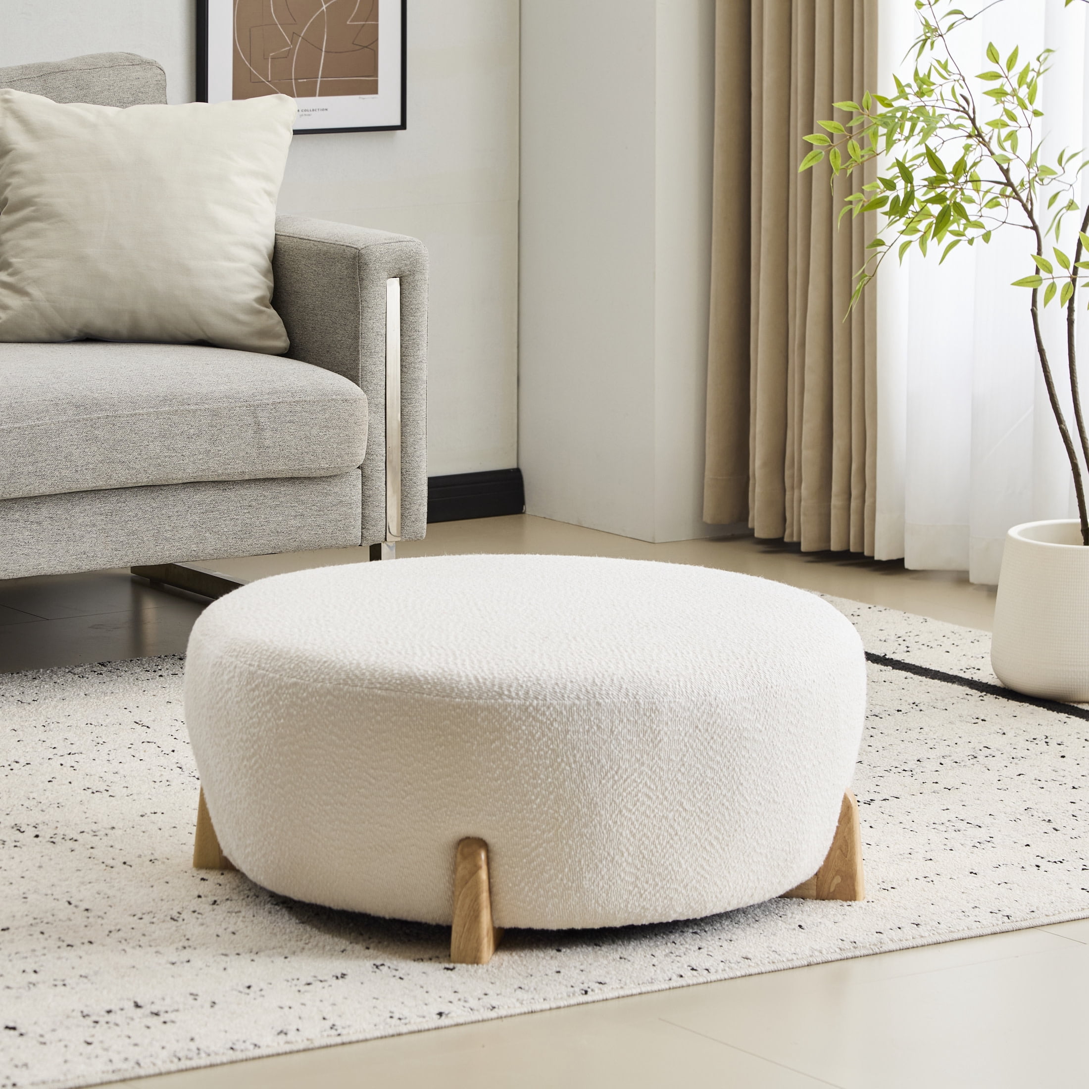 Christopher Knight Home 31.5" Modish Round Ottoman with White Boucle Top and Natural Wood Splayed Legs