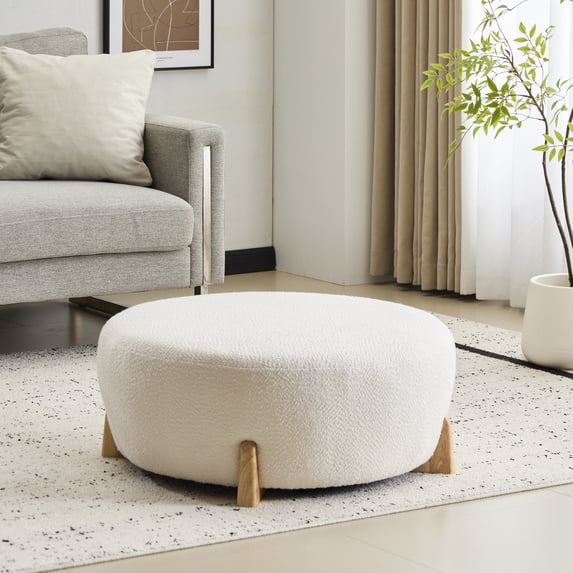 Christopher Knight Home 31.5" Modish Round Ottoman with White Boucle Top and Natural Wood Splayed Legs