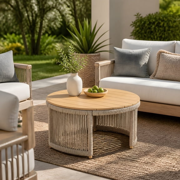 Christopher Knight Home 31.5" Outdoor Coffee Table, Acacia Wood Top with Rope Base, Light Teak + Beige