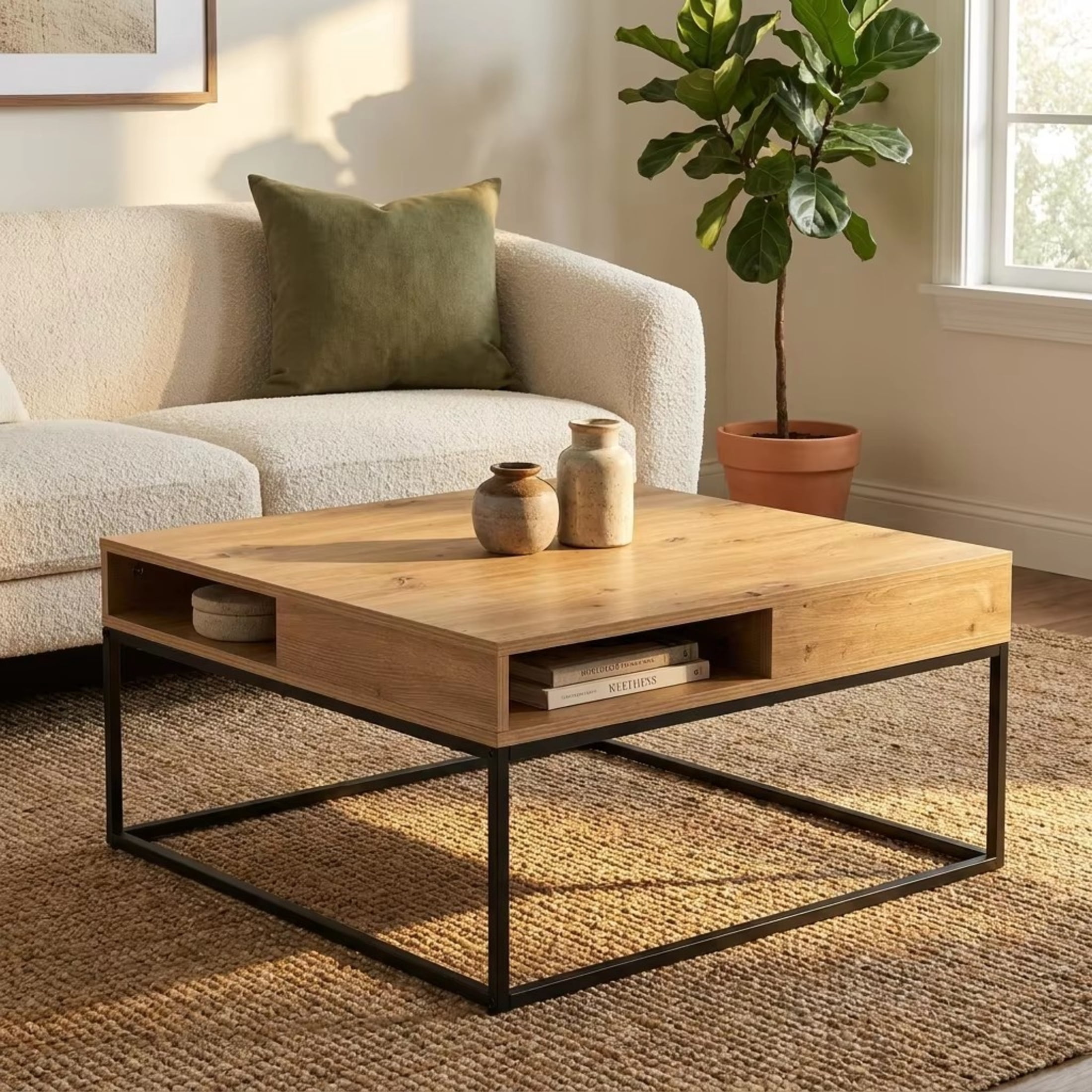 Christopher Knight Home 31.5" Square Coffee Table with Open Storage Shelf and Metal Frame, Black+Oak
