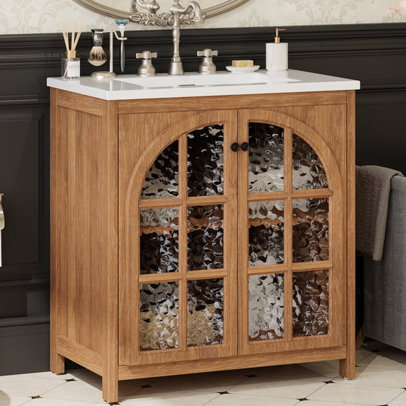 Christopher Knight Home 31" Farmhouse Bathroom Vanity, Vintage MDF Cabinet with Ceramic Sink, Antique Natural