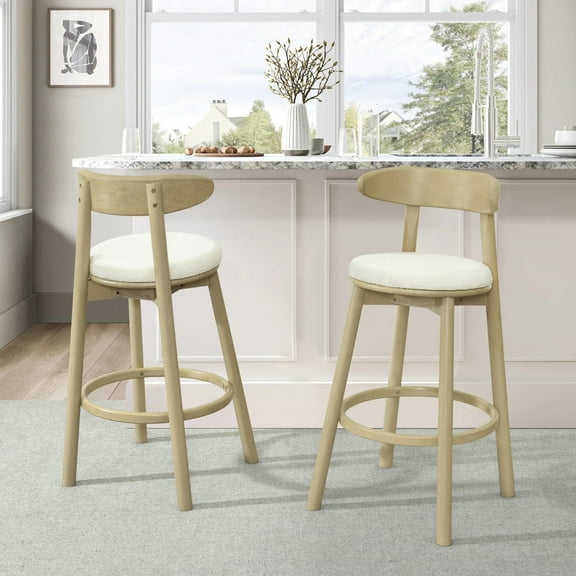 Christopher Knight Home 31" Round Cushion Counter Height Bar Stools, Wood Frame, Natural Ash+Beige, Set of 2
