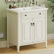 Christopher Knight Home 31" Vintage Bathroom Vanity, Curved Profile MDF Cabinet with Ceramic Sink, White