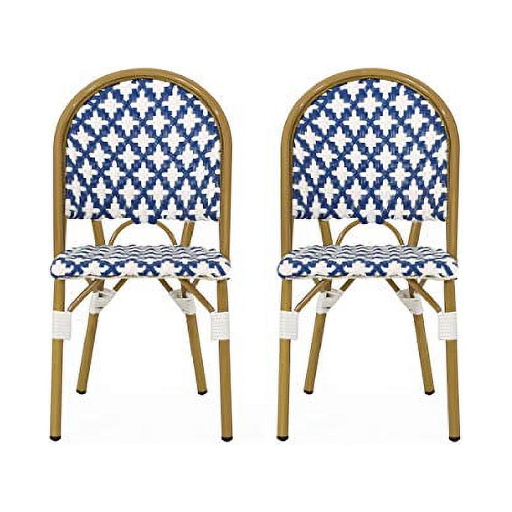 Anastasia Blue and White Faux Rattan Bistro Chairs with Bamboo Print Finish, Set of 2