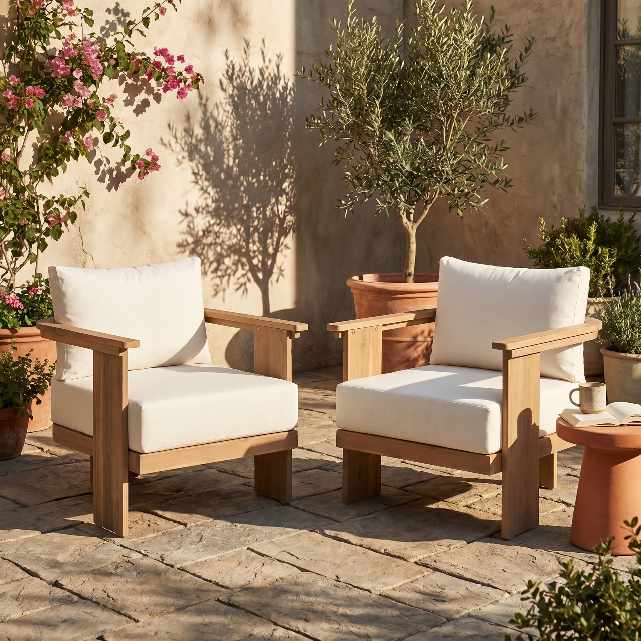 Christopher Knight Home 32.08"H Patio Lounge Chairs with Water-Repellent Cushions, Set of 2, Light Teak+Beige