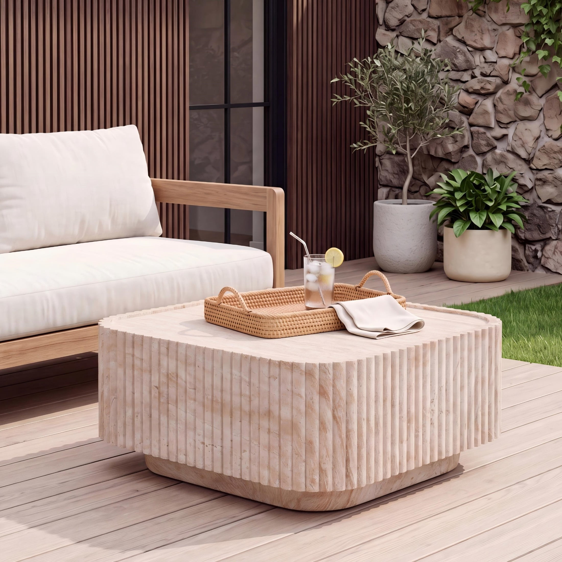 Christopher Knight Home 32" Modern Outdoor Patio MGO Faux Marble Square Coffee Table, Travertine