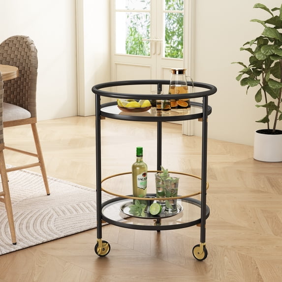 Christopher Knight Home 32" Modern Round Bar Cart with Locking Casters and Tempered Glass Shelves, Black+Gold