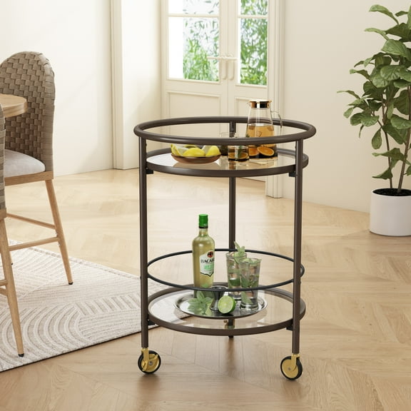 Christopher Knight Home 32" Modern Round Bar Cart with Locking Casters and Tempered Glass Shelves, Coffee