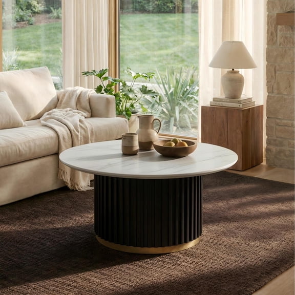 Christopher Knight Home 33.46" Round Coffee Table with Fluted Pedestal Base, Black White