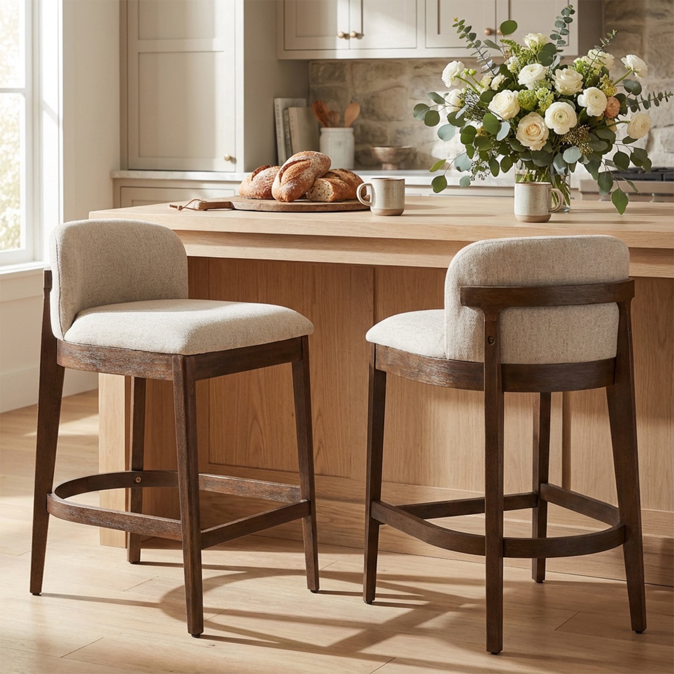 Christopher Knight Home 33"H Wooden Beige Upholstered Counter Stools with Curved Seat, Walnut Finish, Set of 2