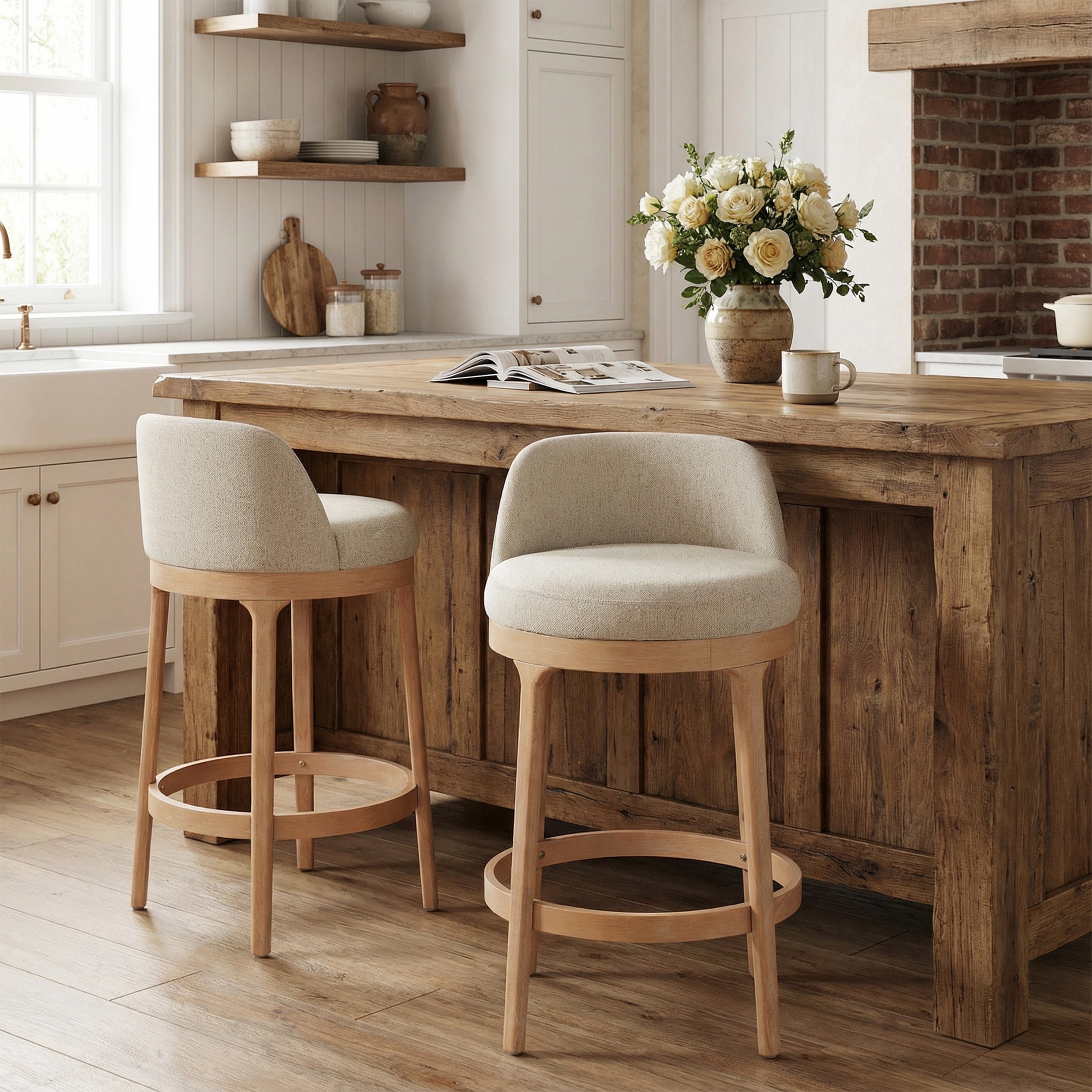 Christopher Knight Home 33"H Wooden Beige Upholstered Counter Stools with Round Seat, Natural Finish, Set of 2