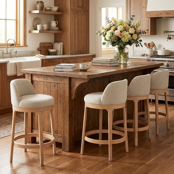 Christopher Knight Home 33"H Wooden Beige Upholstered Counter Stools with Round Seat, Natural Finish, Set of 4