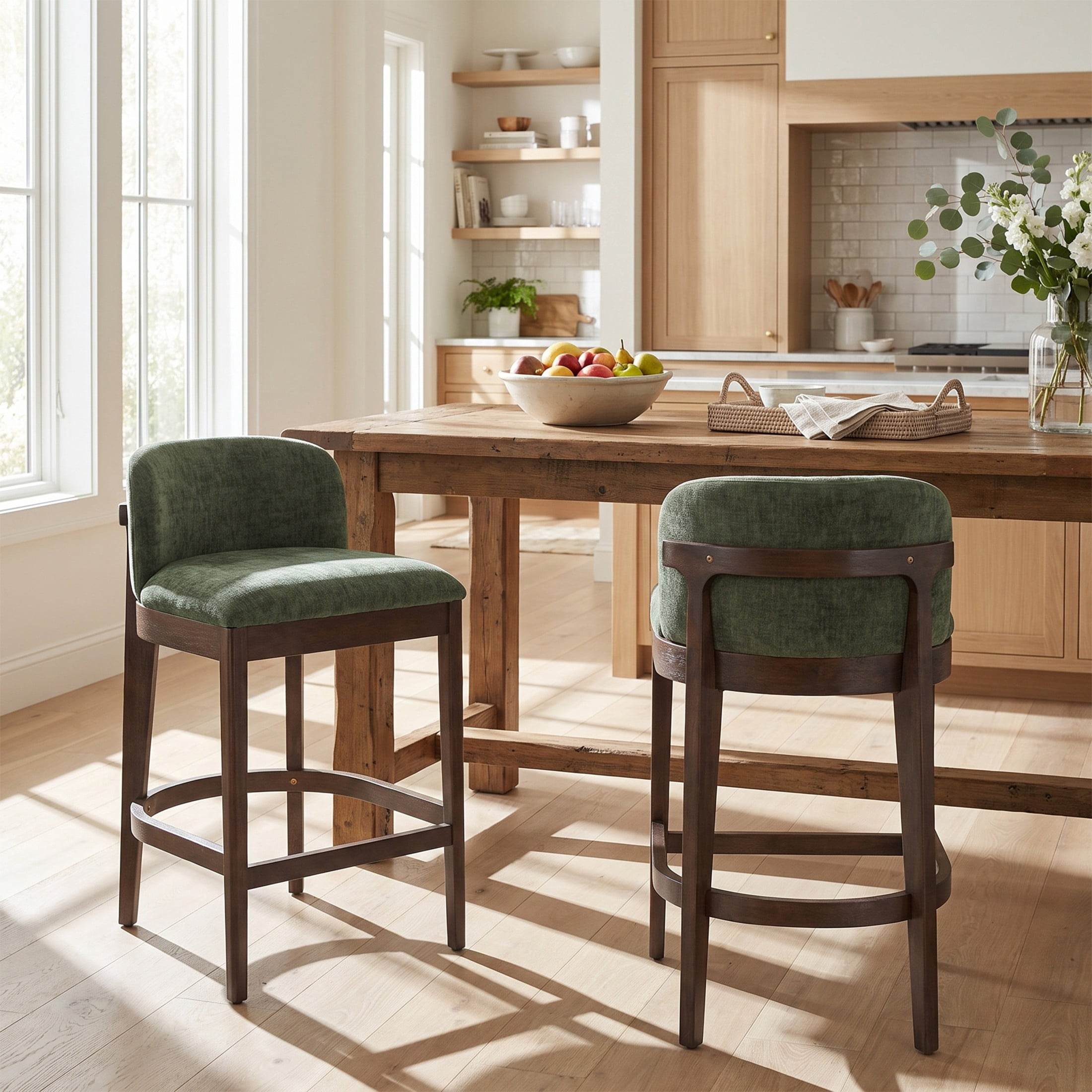 Christopher Knight Home 33"H Wooden Green Upholstered Counter Stools with Curved Seat, Walnut Finish, Set of 2