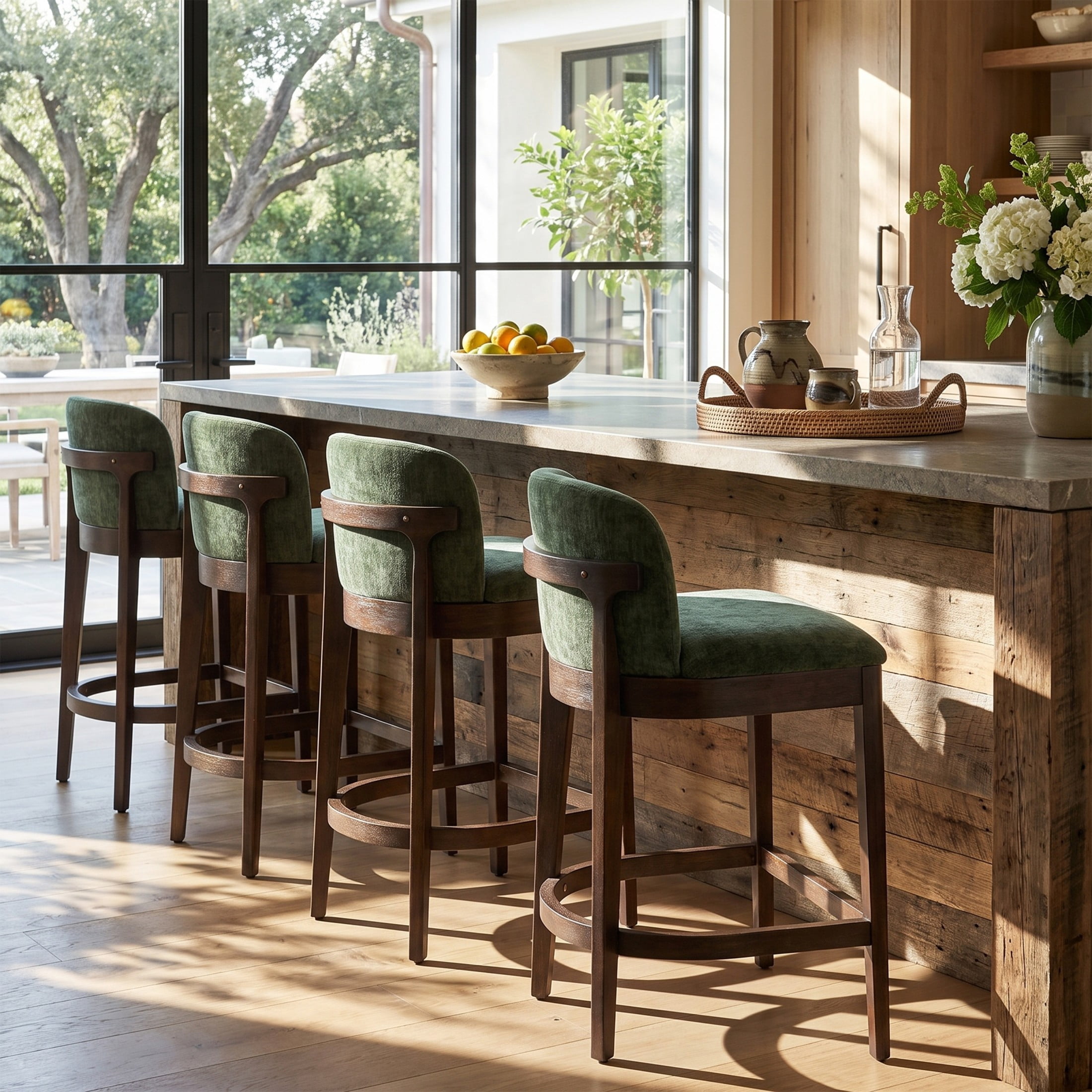 Christopher Knight Home 33"H Wooden Green Upholstered Counter Stools with Curved Seat, Walnut Finish, Set of 4