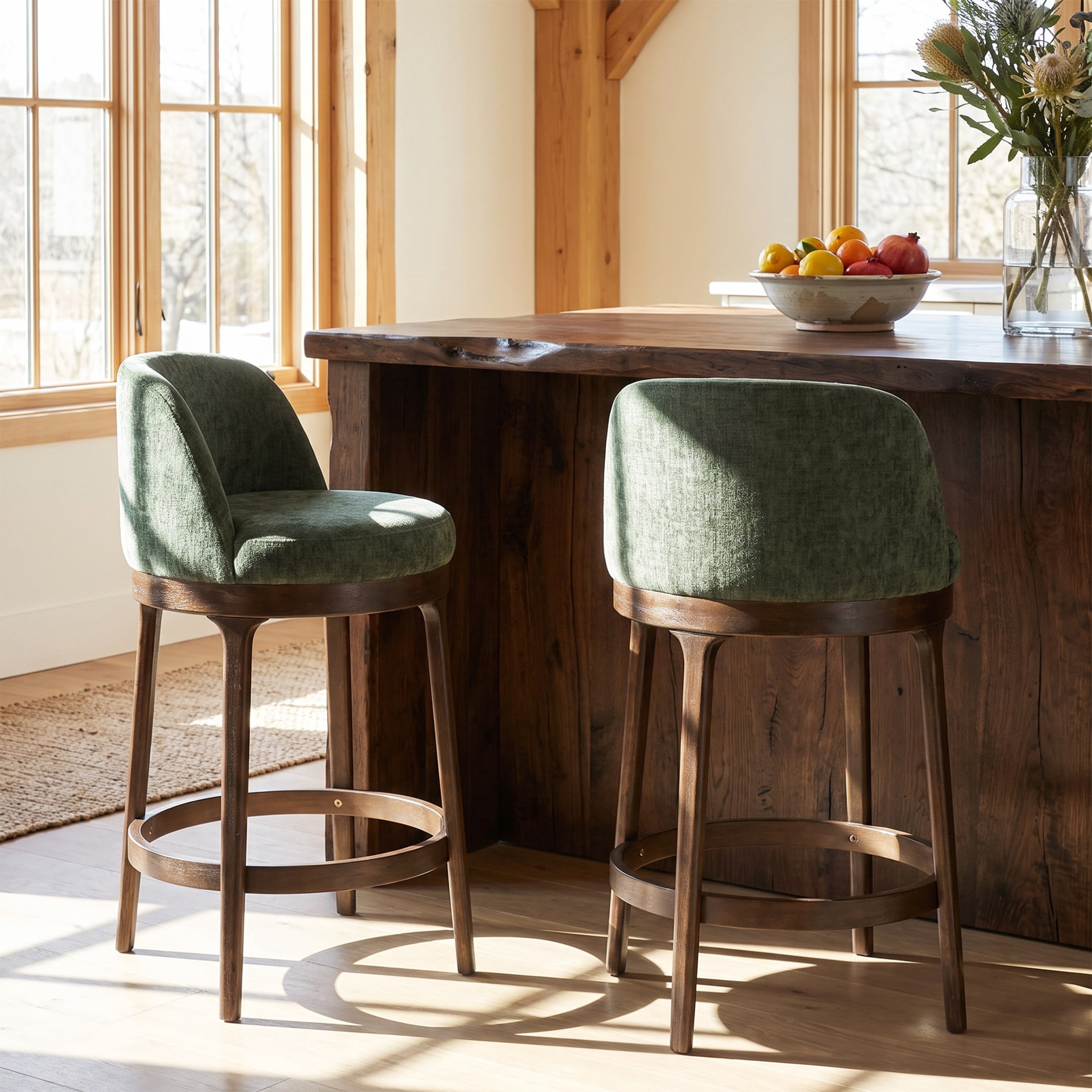 Christopher Knight Home 33"H Wooden Green Upholstered Counter Stools with Round Seat, Walnut Finish, Set of 2