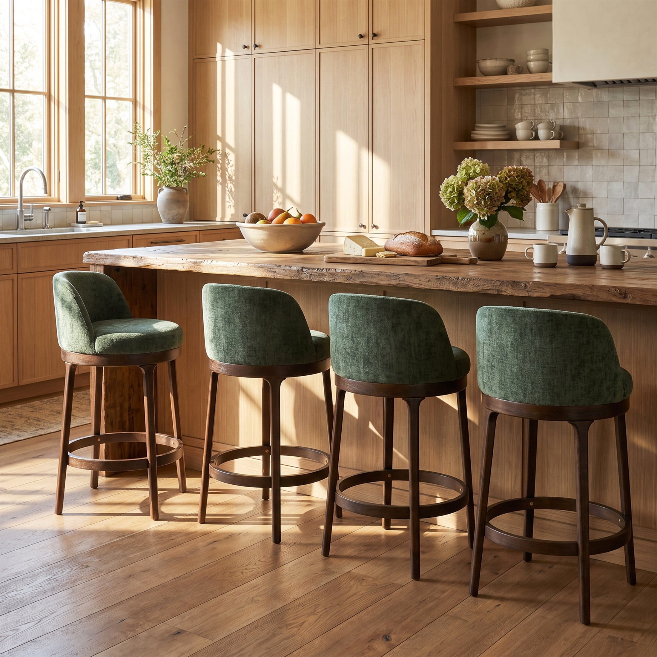 Christopher Knight Home 33"H Wooden Green Upholstered Counter Stools with Round Seat, Walnut Finish, Set of 4