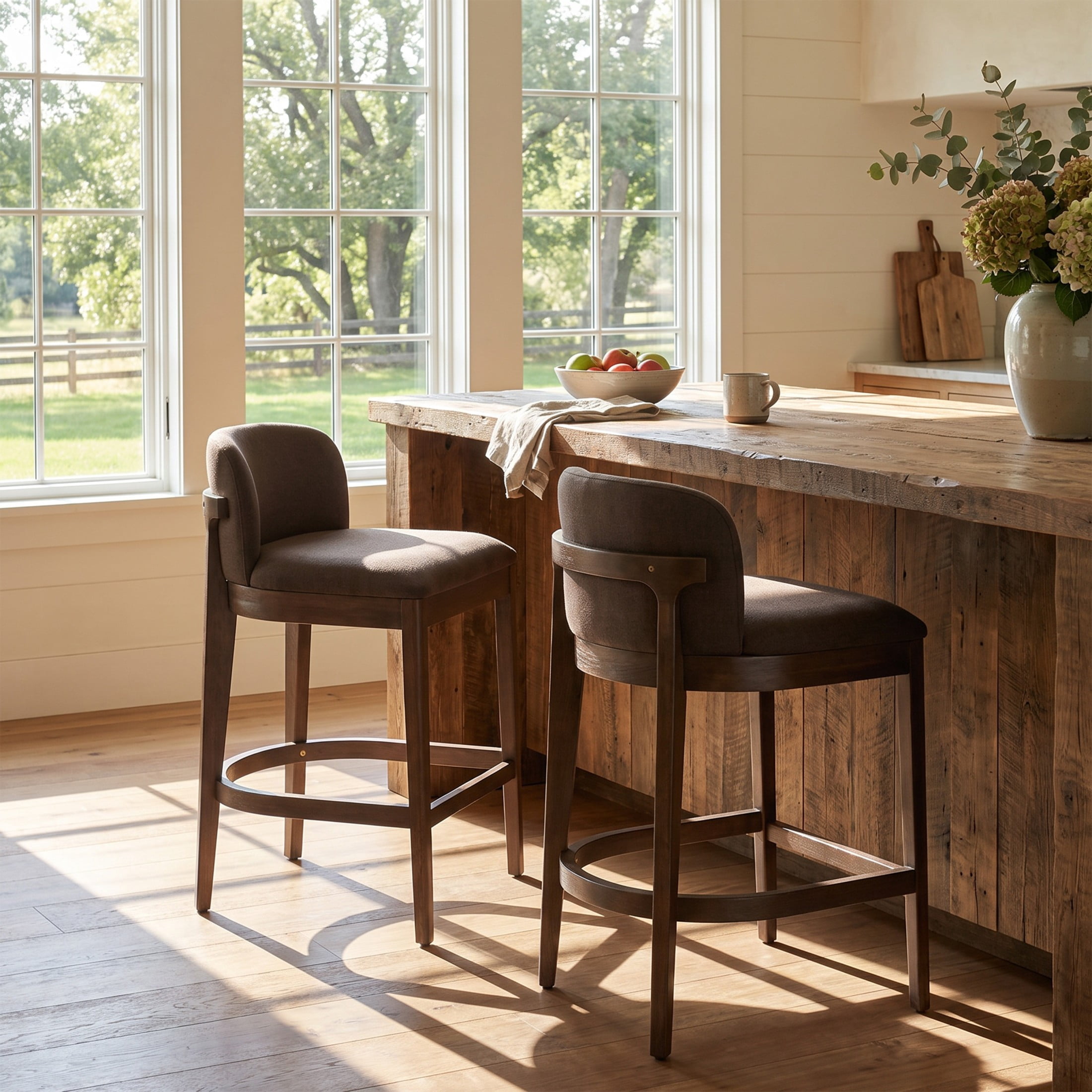 Christopher Knight Home 33"H Wooden Taupe Upholstered Counter Stools with Curved Seat, Walnut Finish, Set of 2