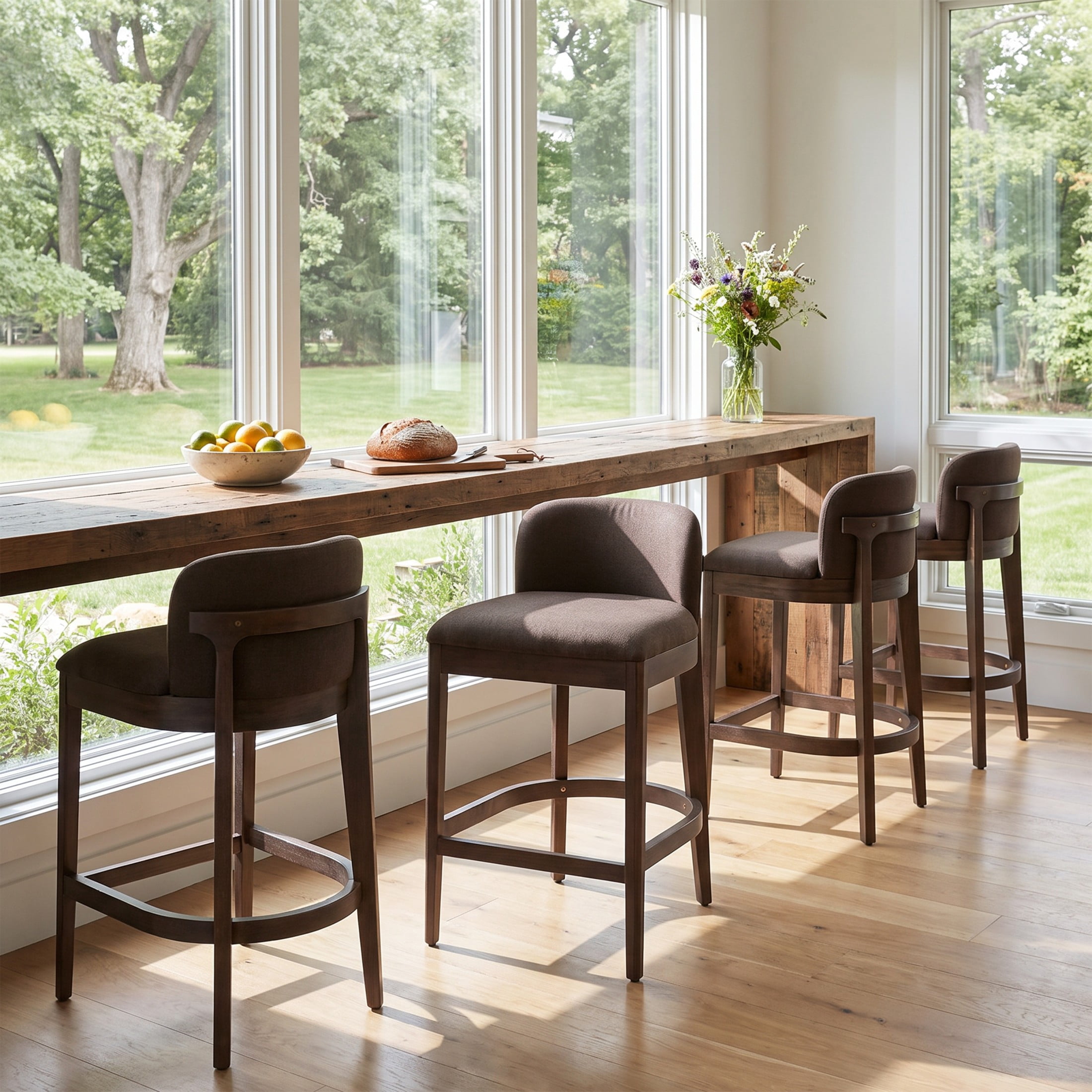 Christopher Knight Home 33"H Wooden Taupe Upholstered Counter Stools with Curved Seat, Walnut Finish, Set of 4
