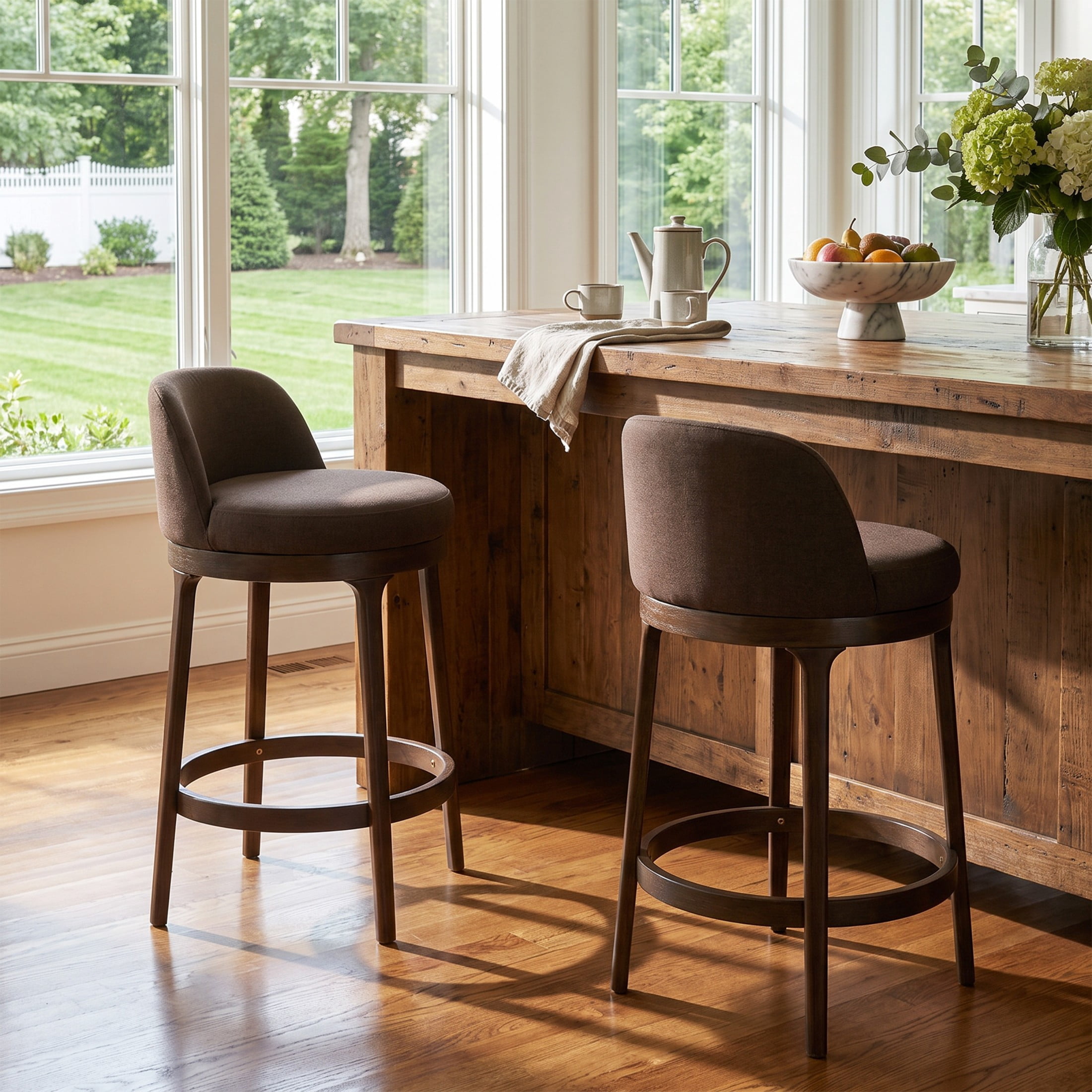 Christopher Knight Home 33"H Wooden Taupe Upholstered Counter Stools with Round Seat, Walnut Finish, Set of 2