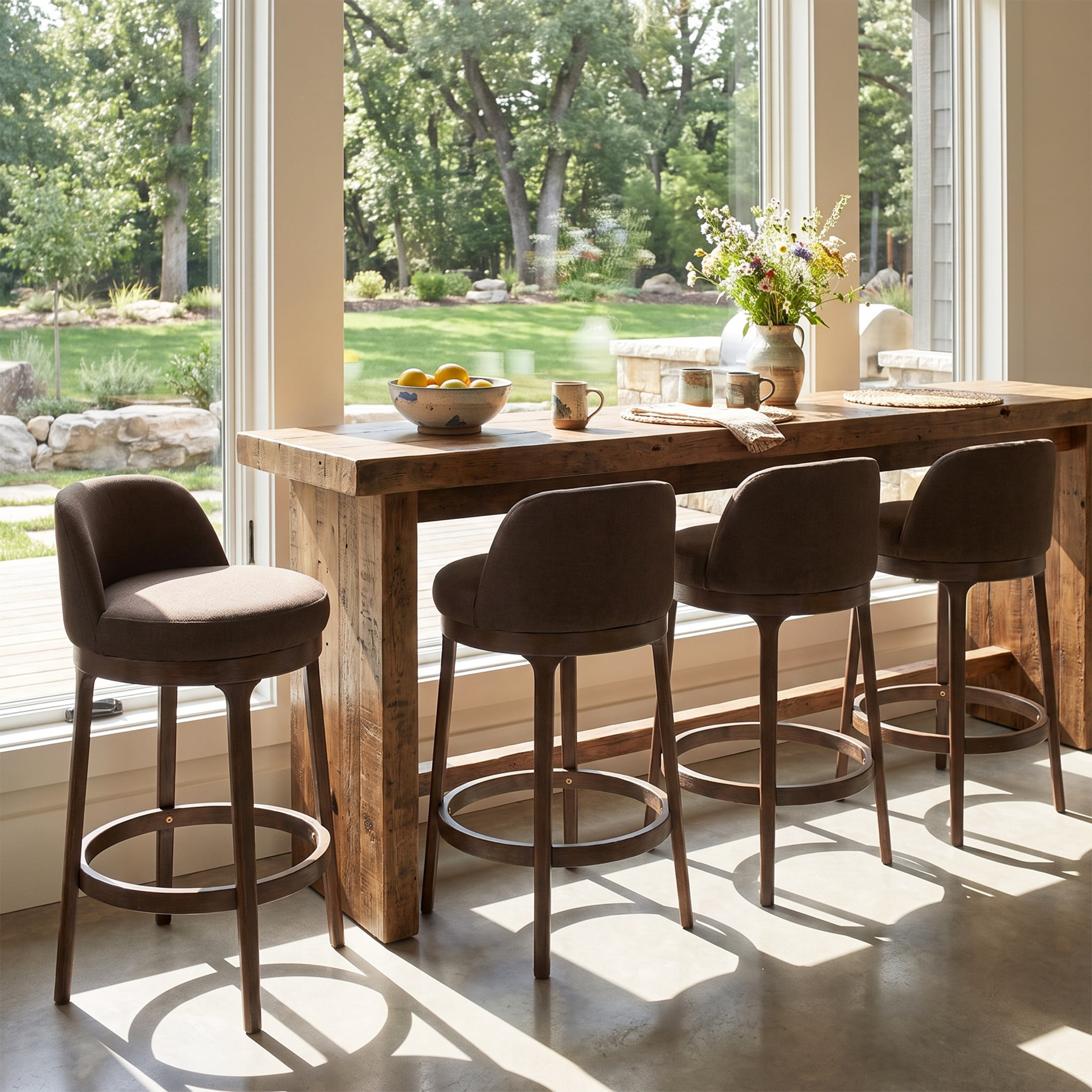 Christopher Knight Home 33"H Wooden Taupe Upholstered Counter Stools with Round Seat, Walnut Finish, Set of 4