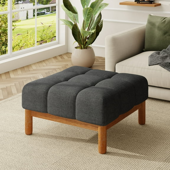 Christopher Knight Home 33" Modern Deep Biscuit Tufted Upholstered Square Ottoman with Wood Base, Gray