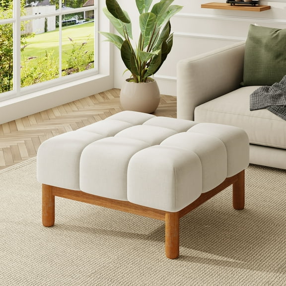 Christopher Knight Home 33" Modern Deep Biscuit Tufted Upholstered Square Ottoman with Wood Base, White