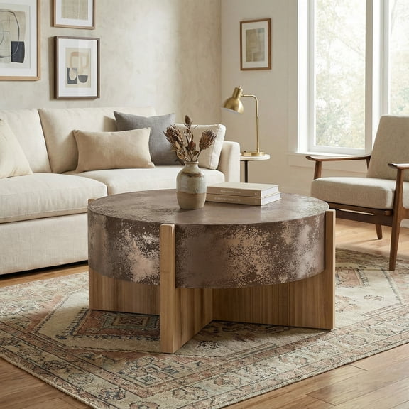 Christopher Knight Home 33" Rustic Round Coffee Table, Distressed Rust Top with Wood Legs, Natural