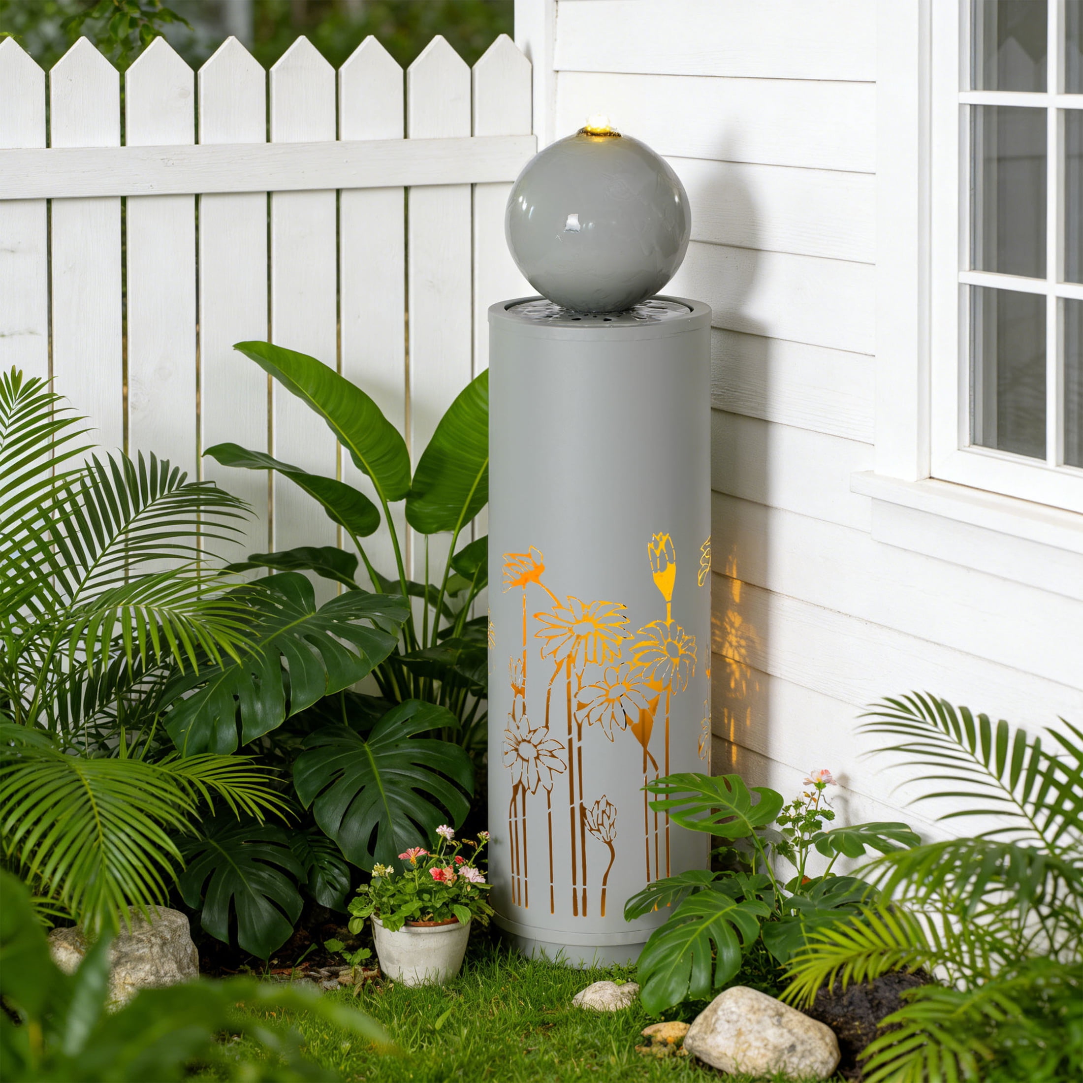 Christopher Knight Home 34.25" Outdoor Sphere-Top Fountain with LED Lights, Cutout Water Feature, Light Gray