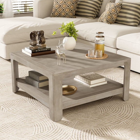 Christopher Knight Home 34.45" Square Coffee Table, Semi-Open Storage 2-Tier Accent Table, Light Ash