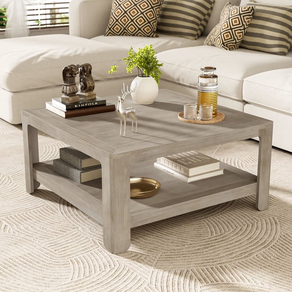 Christopher Knight Home 34.45" Square Coffee Table, Semi-Open Storage 2-Tier Accent Table, Light Ash
