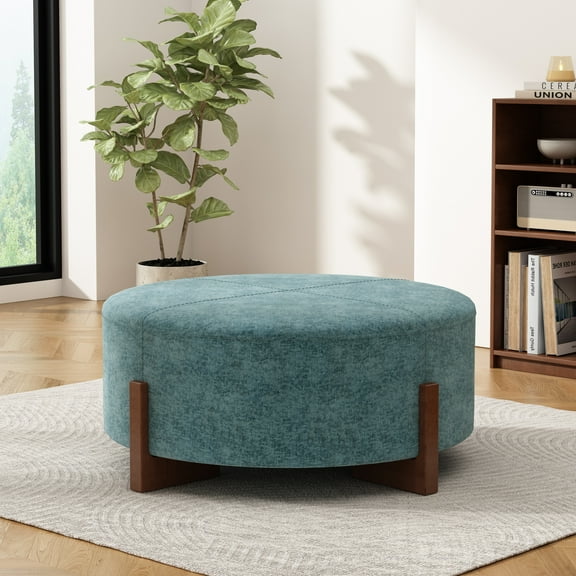 Christopher Knight Home 34" Modern Round Ottoman, Teal Blue Chenille Upholstered, Walnut Wooden Legs
