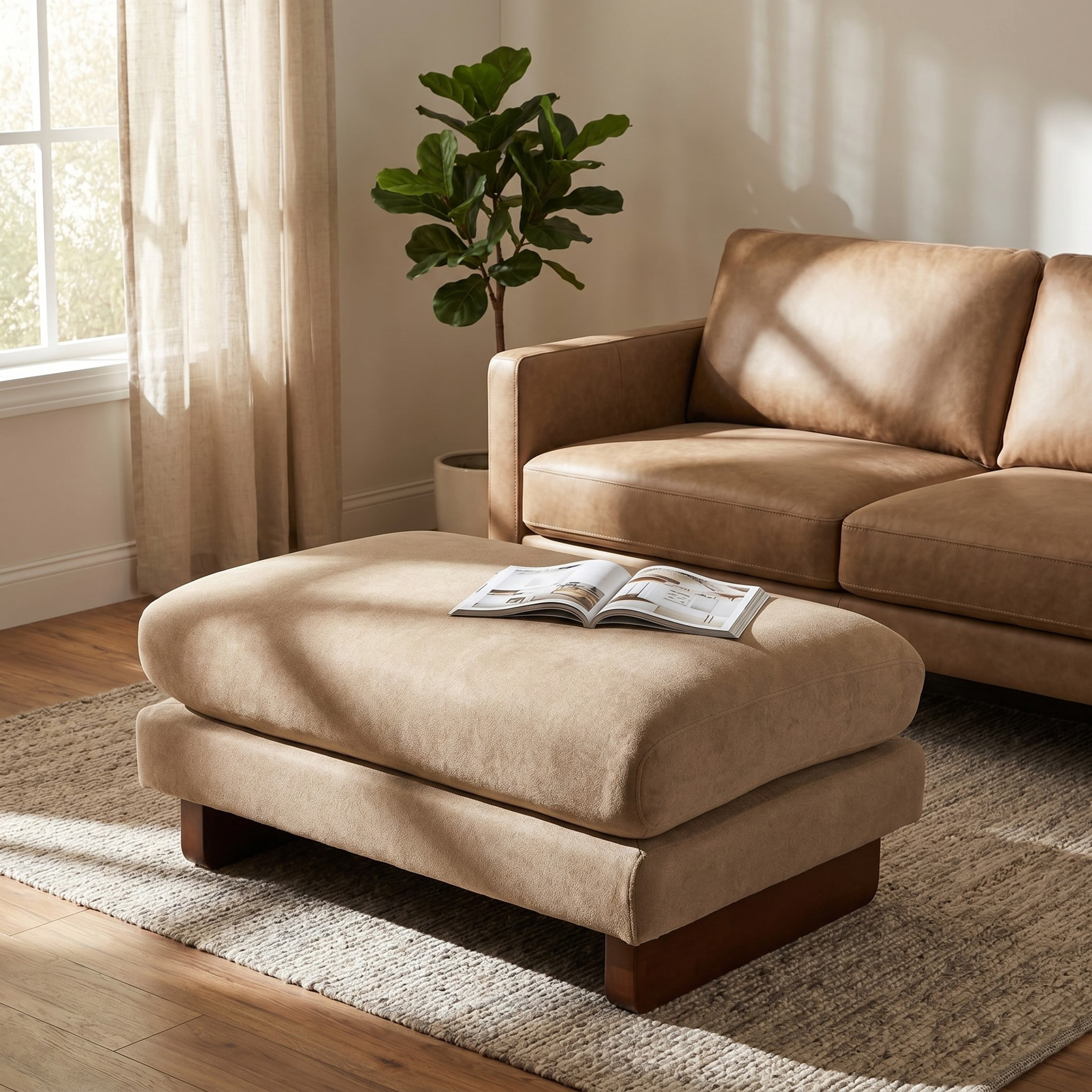 Christopher Knight Home 34" Upholstered Accent Ottoman with Wood Base for Living Room, Light Brown+Walnut