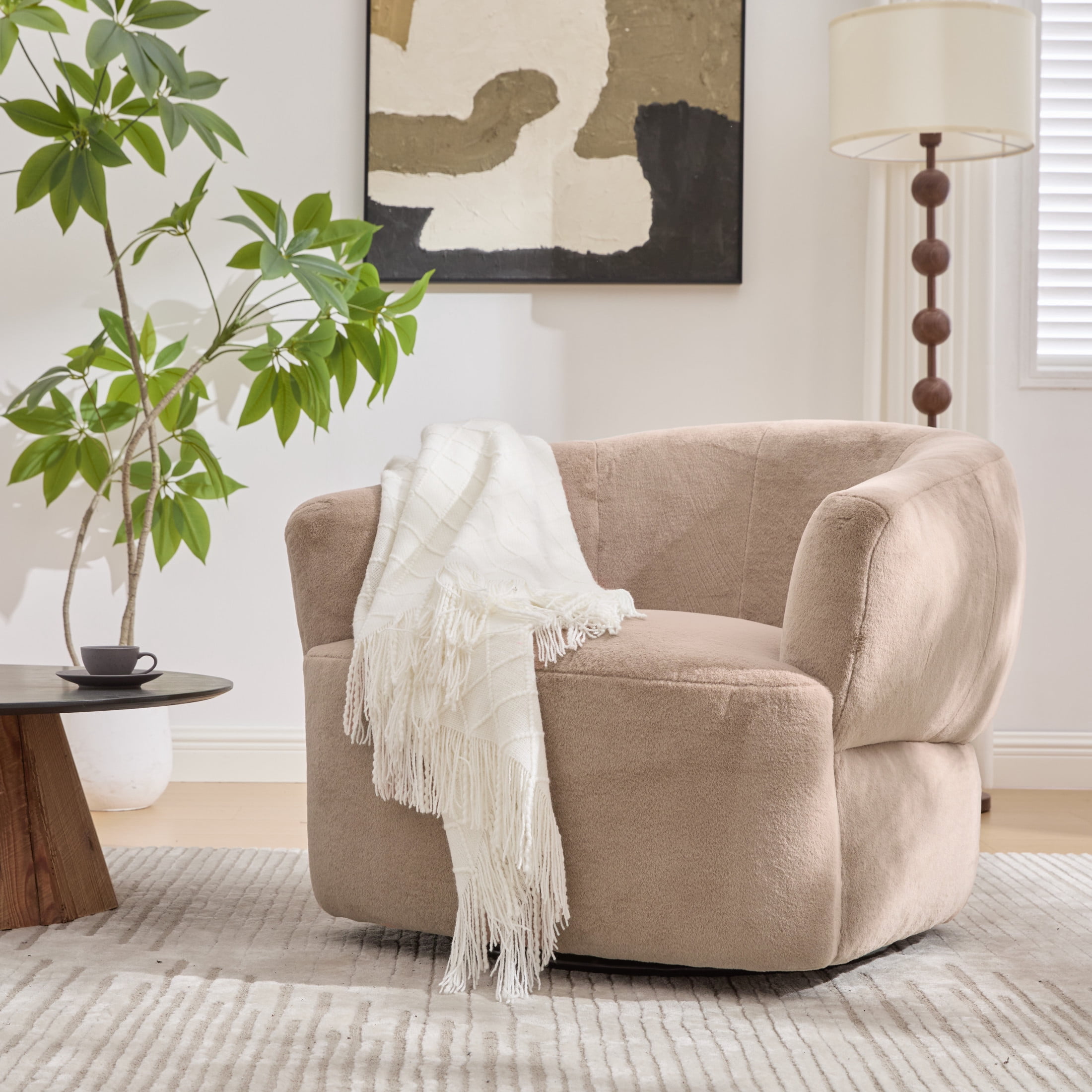 Christopher Knight Home 35.43" Plush Swivel Club Chair, 360° Barrel Accent Chair, Blush Brown
