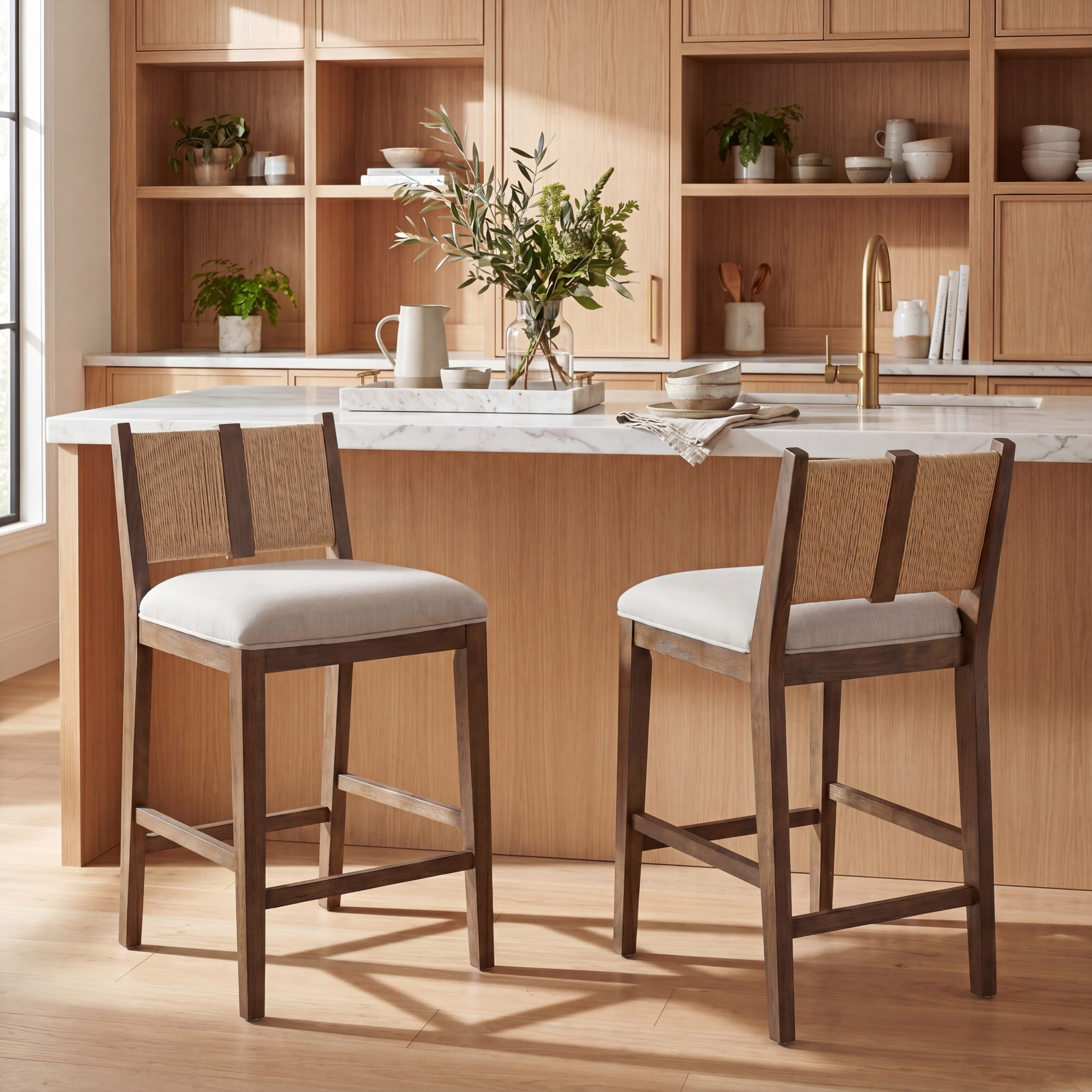 Christopher Knight Home 35.8" Modern Upholstered Counter Stools, Rope Back, Walnut+Beige, Set of 2