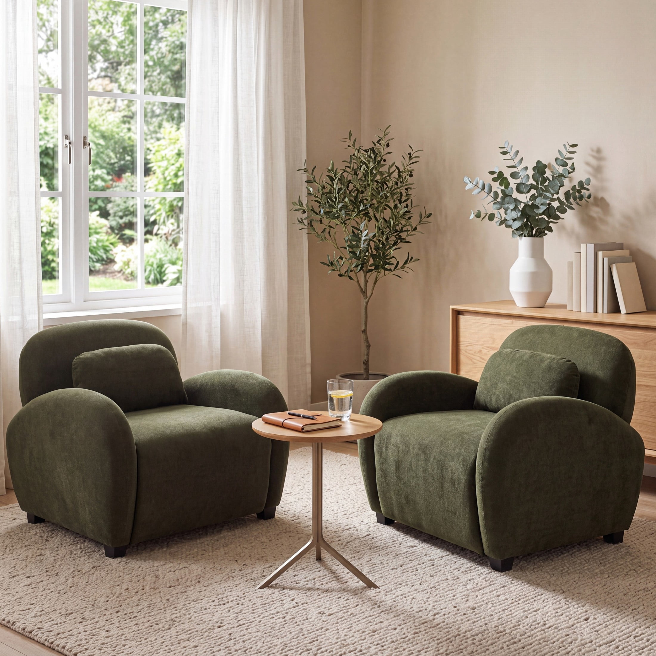 Christopher Knight Home 35" Modern Velvet Accent Armchair with Lumbar Pillow, Rubberwood Legs, Olive Green, Set of 2