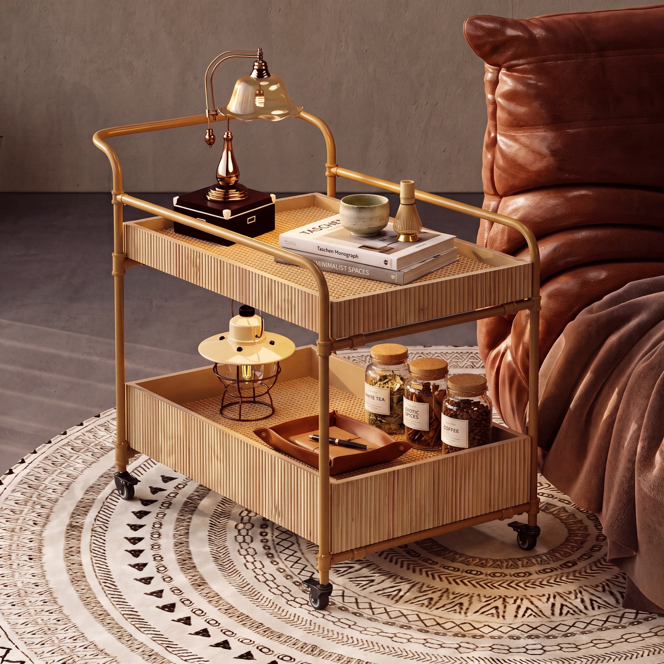 Christopher Knight Home 35" Rolling Bar Cart with 2-Tier Storage, Iron Frame and Wood Trays, Natural
