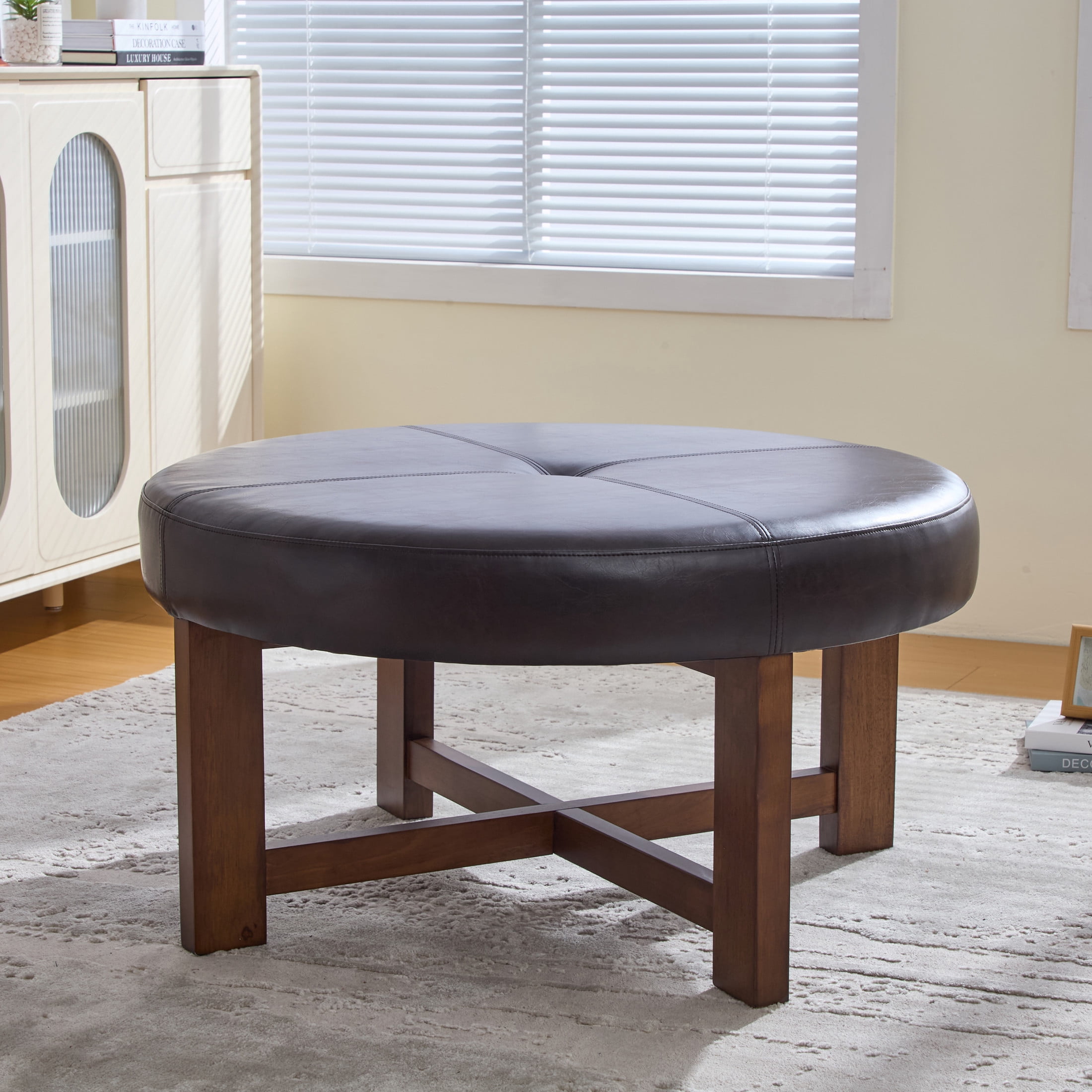 Christopher Knight Home 35" Round PU Leather Ottoman Coffee Table, Tufted Footrest with Wooden Base, Dark Brown