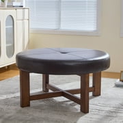 Christopher Knight Home 35 Round PU Leather Ottoman Coffee Table, Tufted Footrest with Wooden Base, Dark Brown