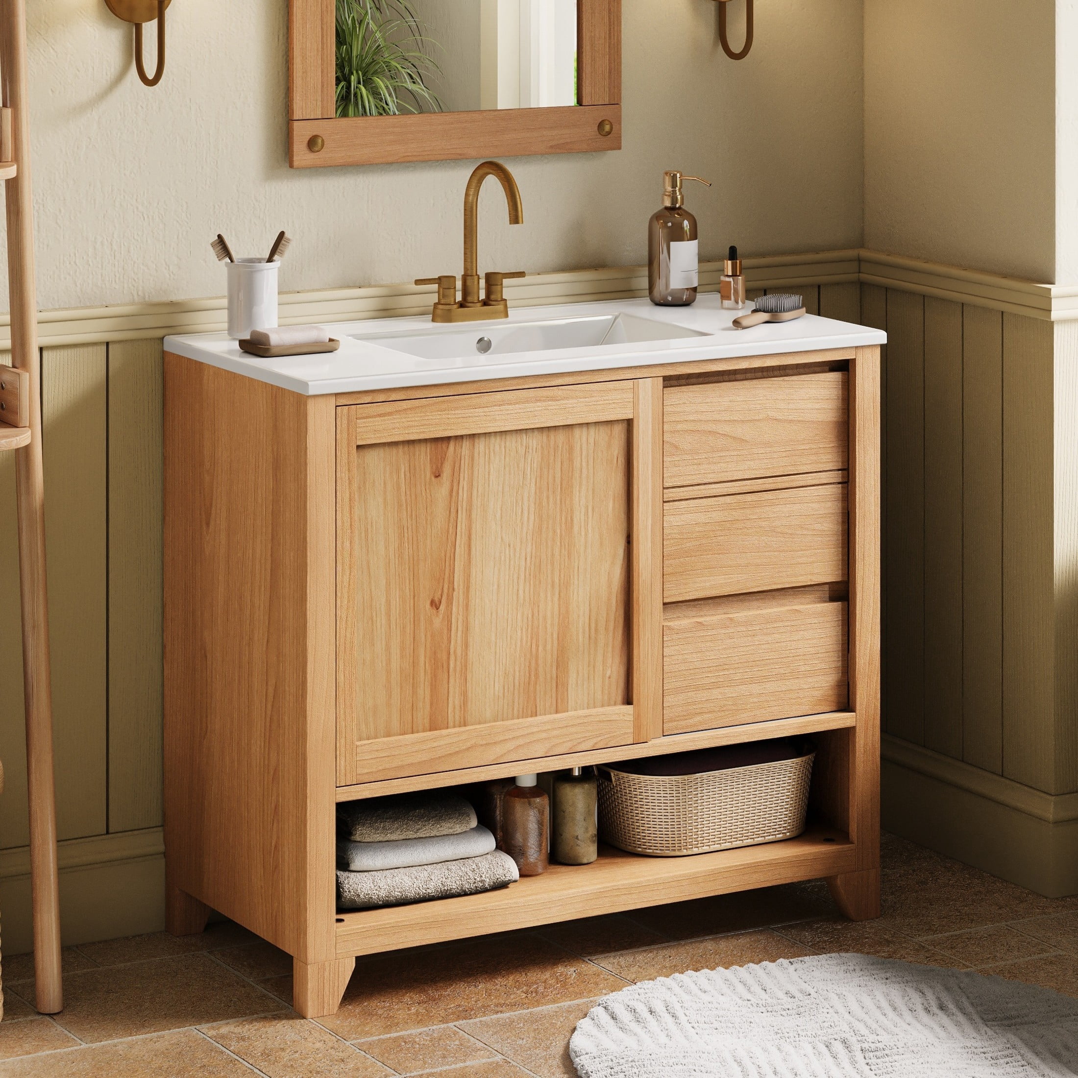 Christopher Knight Home 36" Bathroom Vanity with Ceramic Sink, 2 Drawers, Sliding Cabinet Door, Natural