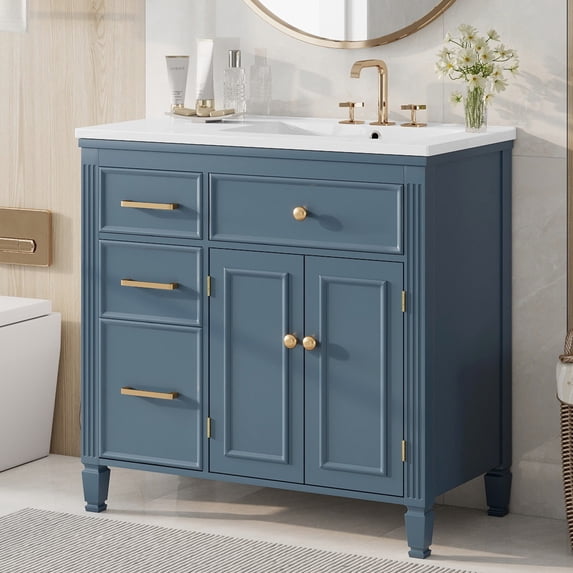 Christopher Knight Home 36" Bathroom Vanity with Ceramic Sink, Adjustable Shelf, Gray Blue