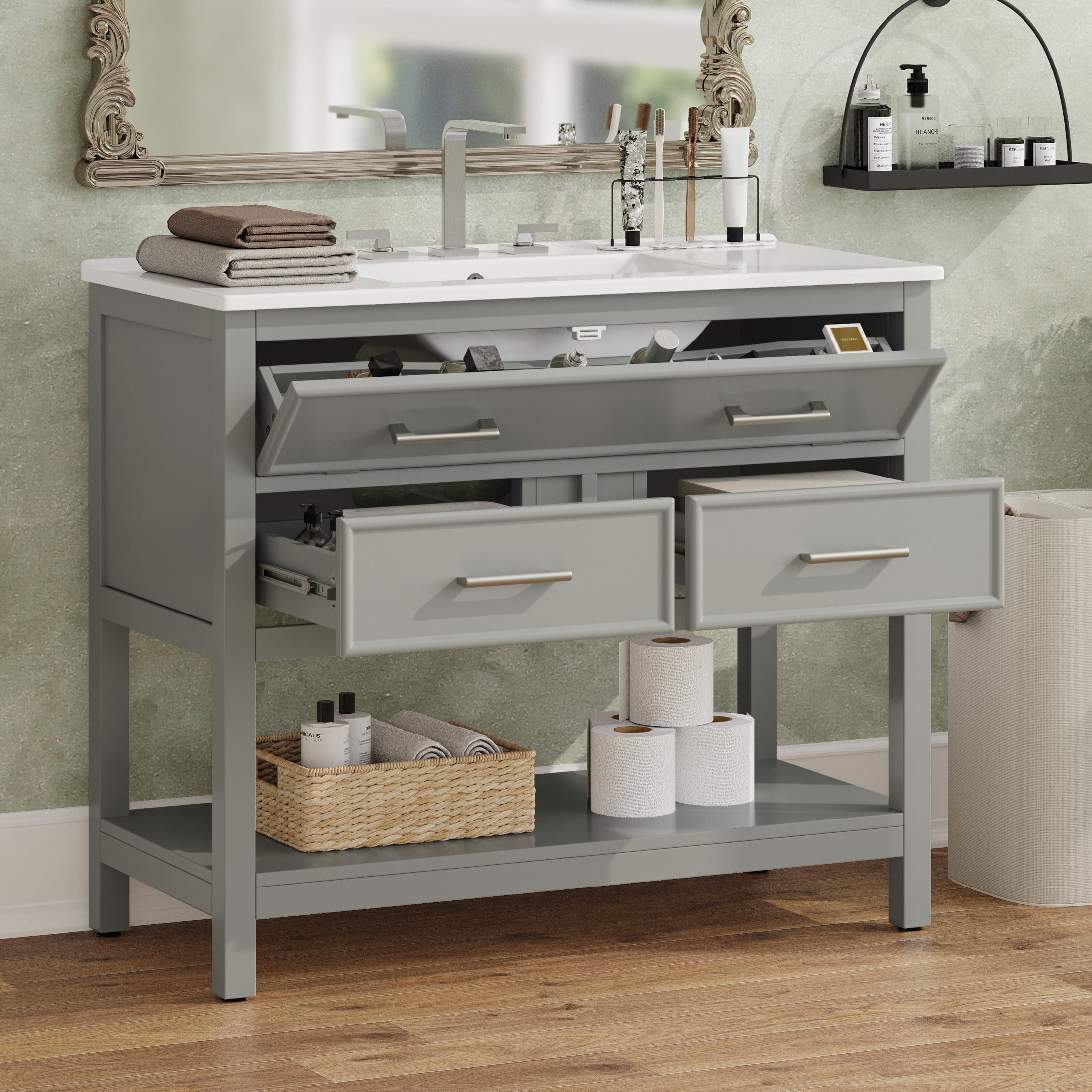 Christopher Knight Home 36" Bathroom Vanity with Sink, Bottom Open Shelf, Tip-Out Tray Drawers, Gray