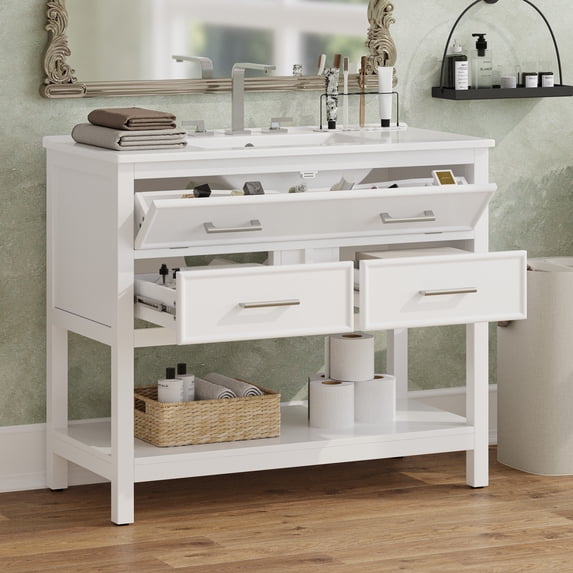 Christopher Knight Home 36" Bathroom Vanity with Sink, Bottom Open Shelf, Tip-Out Tray Drawers, White