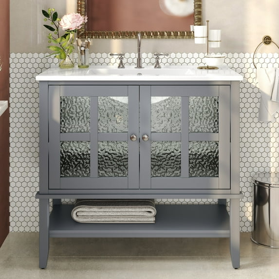 Christopher Knight Home 36" Bathroom Vanity with Sink, Textured Glass Doors, Open Shelf, Grey